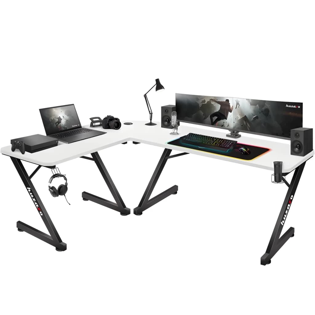 Huzaro Mesa Gaming Hero 7.0 Blanco, vista en perspectiva: forma en L con superficie blanca, patas negras en Z, monitor dual,