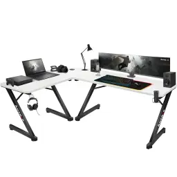 Huzaro Mesa Gaming Hero 7.0 Blanco, vista en perspectiva: forma en L con superficie blanca, patas negras en Z, monitor dual,
