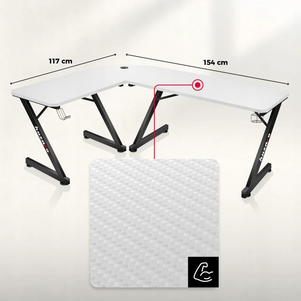 Huzaro Mesa Gaming Hero 7.0 Blanco, vista superior con cotas: forma en L 154x117 cm, textura superficie y patas negras en Z