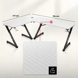 Huzaro Mesa Gaming Hero 7.0 Blanco, vista superior con cotas: forma en L 154x117 cm, textura superficie y patas negras en Z
