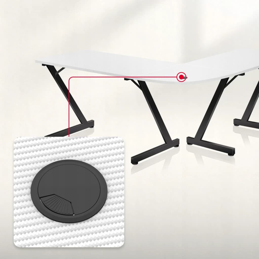 Huzaro Mesa Gaming Hero 7.0 Blanco, detalle: pasacables circular negro empotrado en superficie blanca con textura carbono