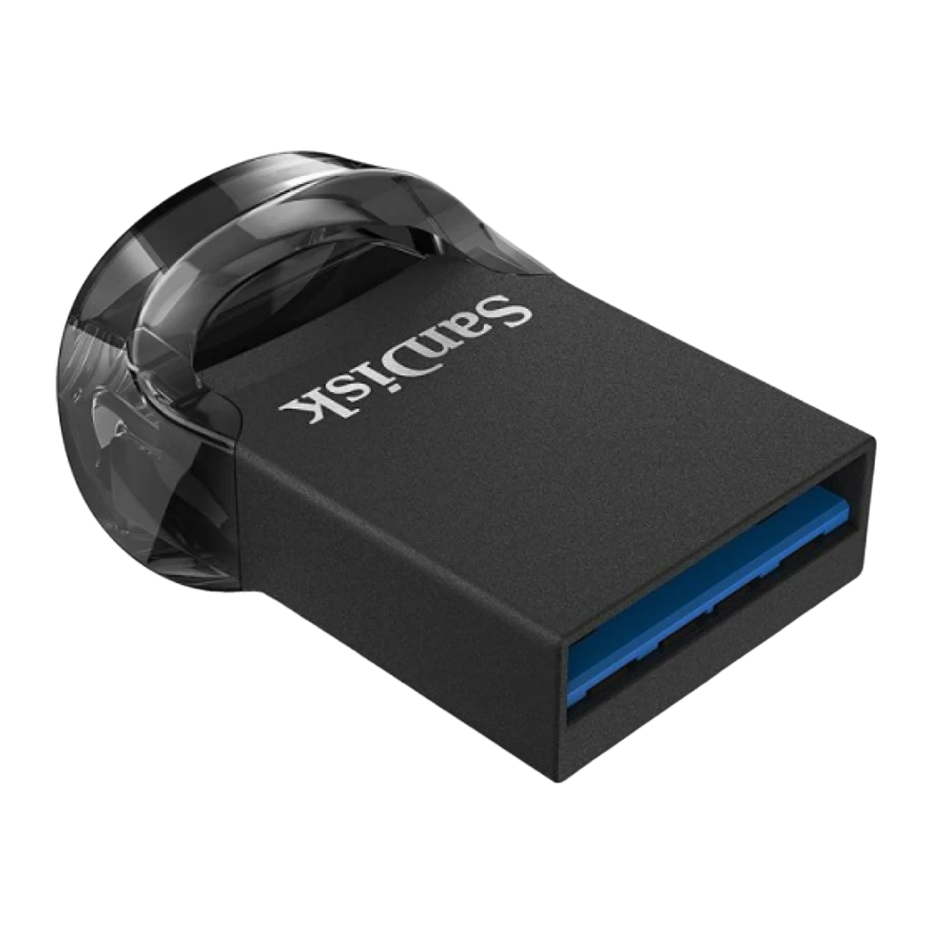 SanDisk Ultra Fit 128GB negro, vista frontal: logo SanDisk en plata sobre cuerpo compacto negro mate con base brillante - Ítem3