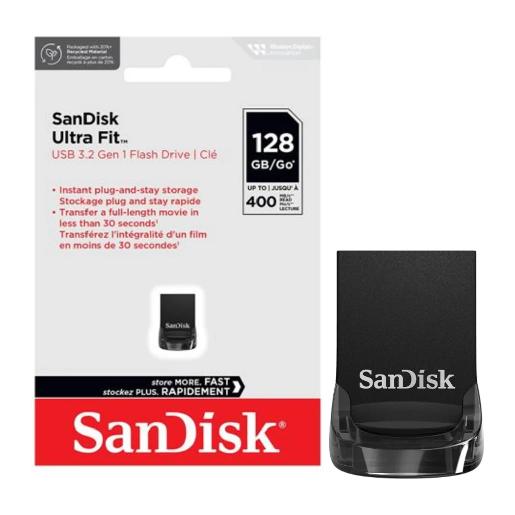 SanDisk Ultra Fit 128GB negro, vista frontal: logo SanDisk en plata sobre cuerpo compacto negro mate con base brillante - Ítem4