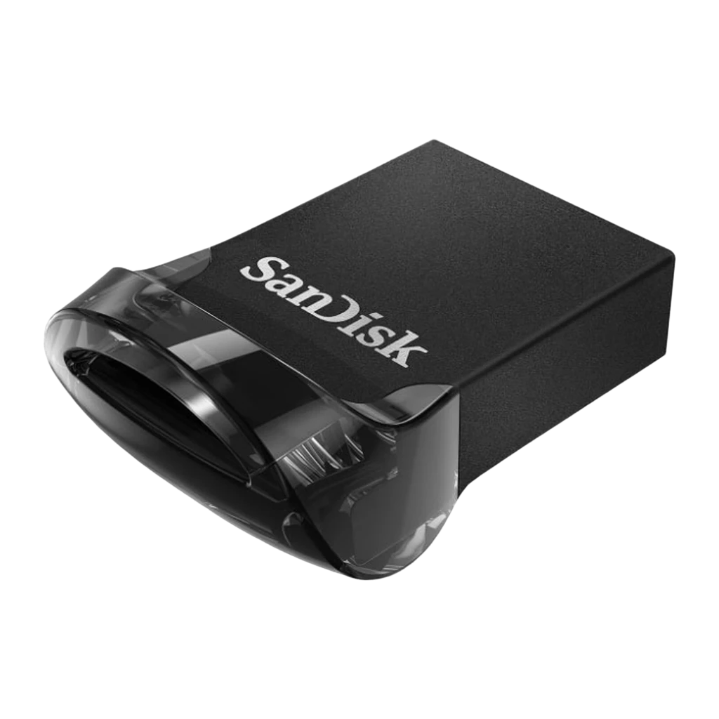 SanDisk Ultra Fit 128GB negro, vista frontal: logo SanDisk en plata sobre cuerpo compacto negro mate con base brillante - Ítem1