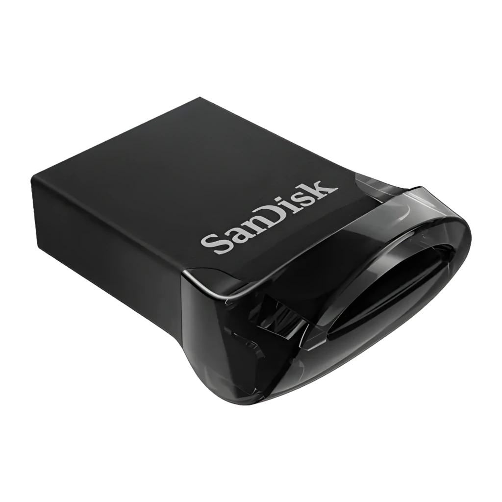 SanDisk Ultra Fit 128GB negro, vista frontal: logo SanDisk en plata sobre cuerpo compacto negro mate con base brillante - Ítem2