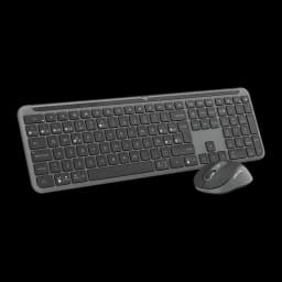Logitech Signature Slim Combo MK950 Grafito, vista en ángulo: teclado completo con teclado numérico y ratón en esquina