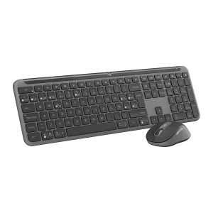 Logitech Signature Slim Combo MK950 Grafito, vista en ángulo: teclado completo con teclado numérico y ratón en esquina