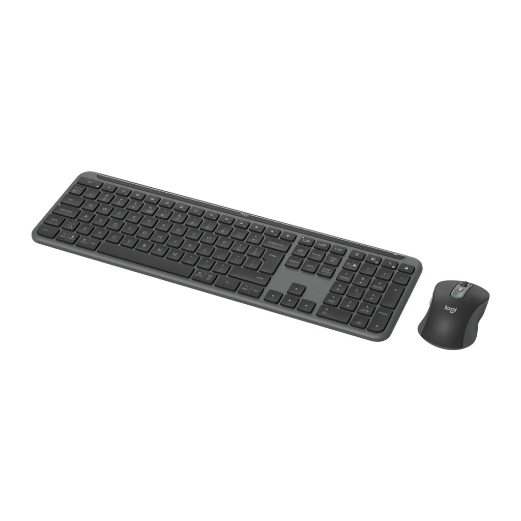 Logitech Signature Slim Combo MK950 Grafito, vista en ángulo: teclado completo con teclado numérico y ratón en esquina - Ítem2