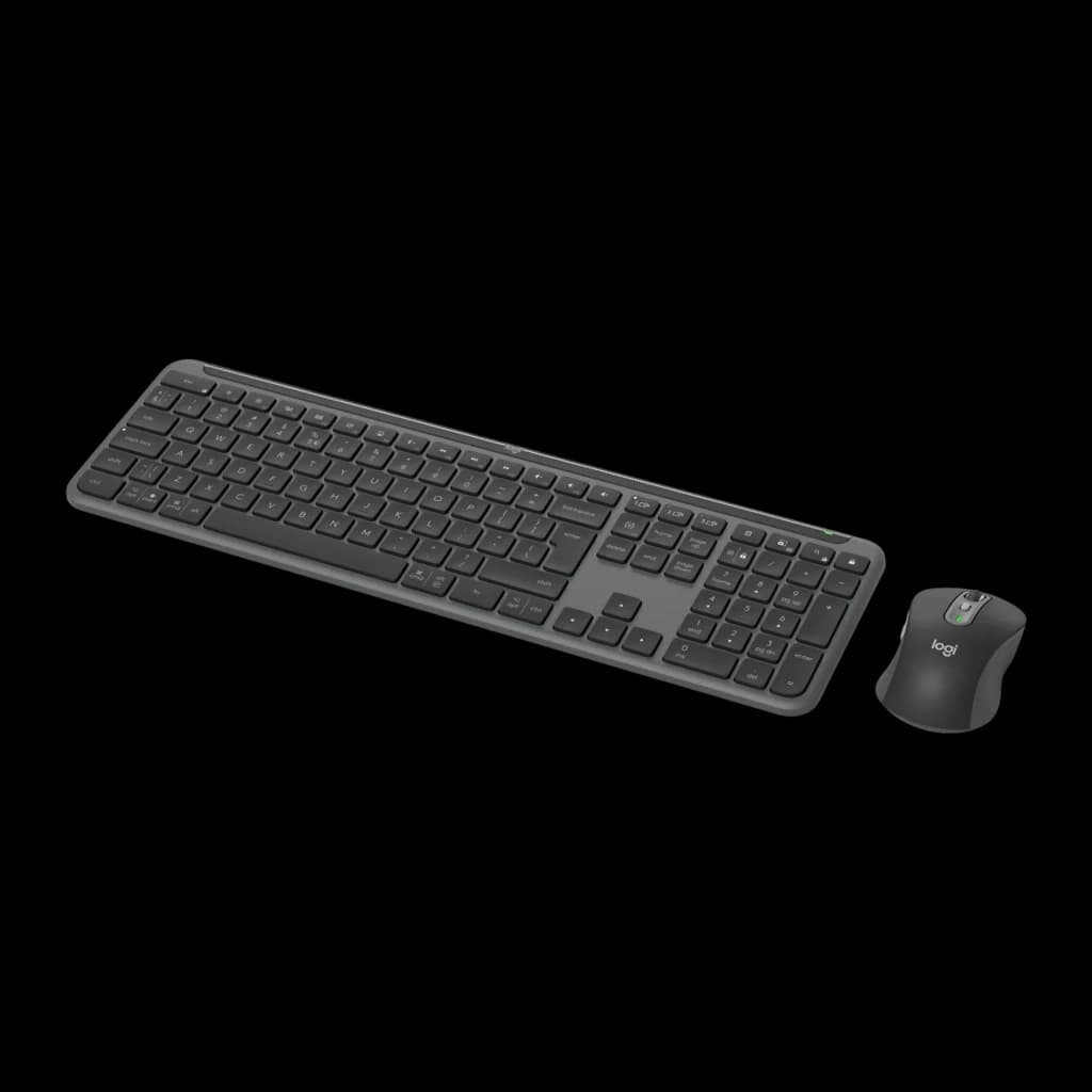 Logitech Signature Slim Combo MK950 Grafito, vista en perspectiva: ángulo tres cuartos mostrando perfil delgado del teclado