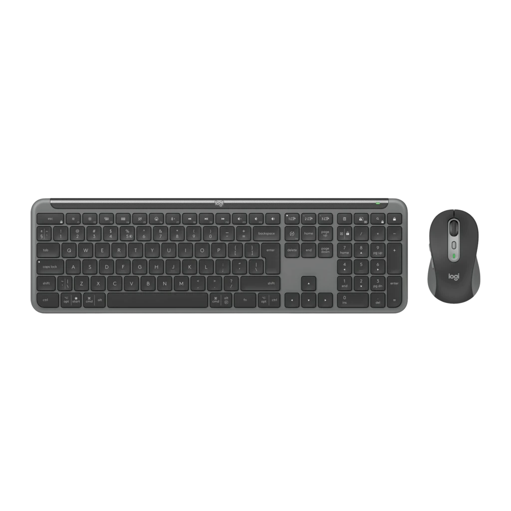 Logitech Signature Slim Combo MK950 Grafito, vista en ángulo: teclado completo con teclado numérico y ratón en esquina - Ítem1