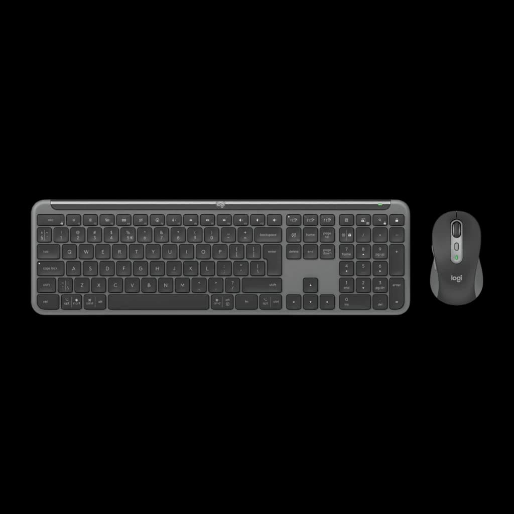 Logitech Signature Slim Combo MK950 Grafito, vista superior: teclado completo y ratón con rueda verde visibles desde arriba