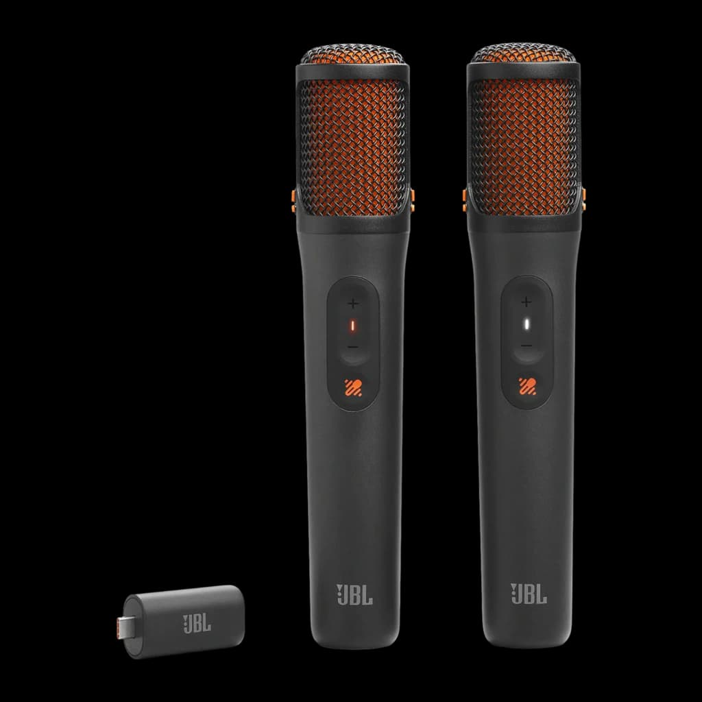 JBL EasySing Mics noir, vue de face: deux microphones noirs avec grille orange et récepteur USB compact