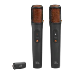 JBL EasySing Mics noir, vue de face: deux microphones noirs avec grille orange et récepteur USB compact
