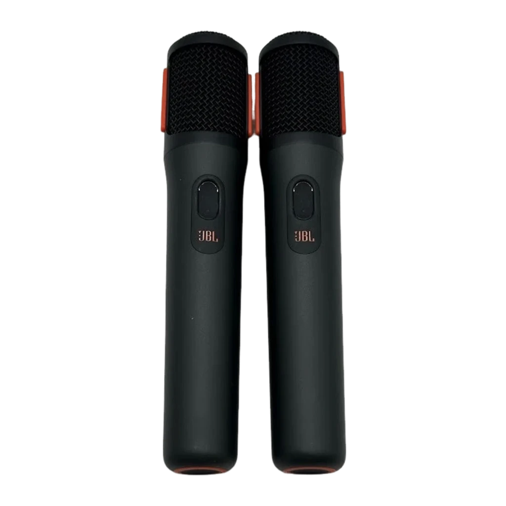 JBL EasySing Mics preto, vista frontal: dois microfones pretos com grade laranja e receptor USB compacto - Item2