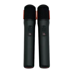 JBL EasySing Mics noir, vue de face du set: deux microphones côte à côte avec logo JBL, bouton et accent orange