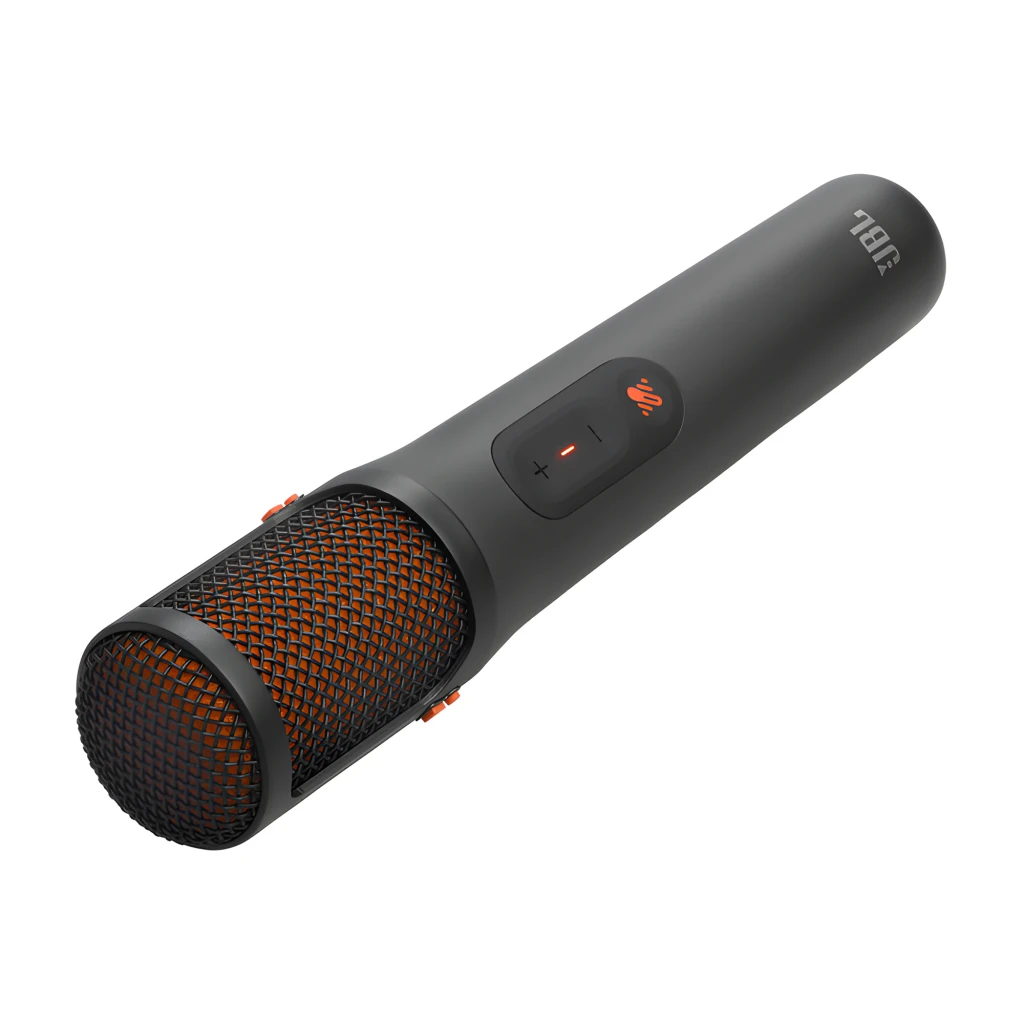 JBL EasySing Mics preto, vista frontal: dois microfones pretos com grade laranja e receptor USB compacto - Item3
