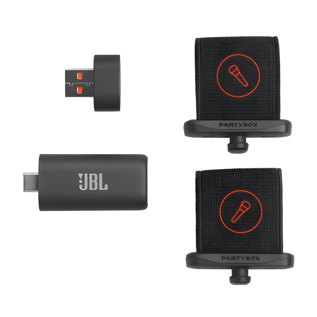 JBL EasySing Mics preto, vista frontal: dois microfones pretos com grade laranja e receptor USB compacto - Item5