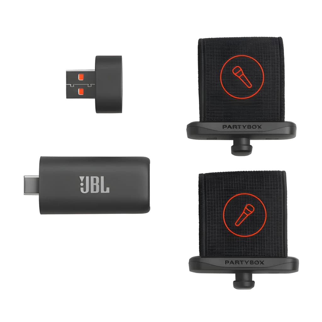JBL EasySing Mics noir, vue du dessus: 2 micros PartyBox, récepteur USB-A et dongle USB-C inclus
