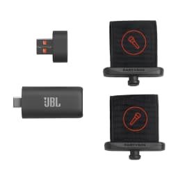 JBL EasySing Mics noir, vue du dessus: 2 micros PartyBox, récepteur USB-A et dongle USB-C inclus