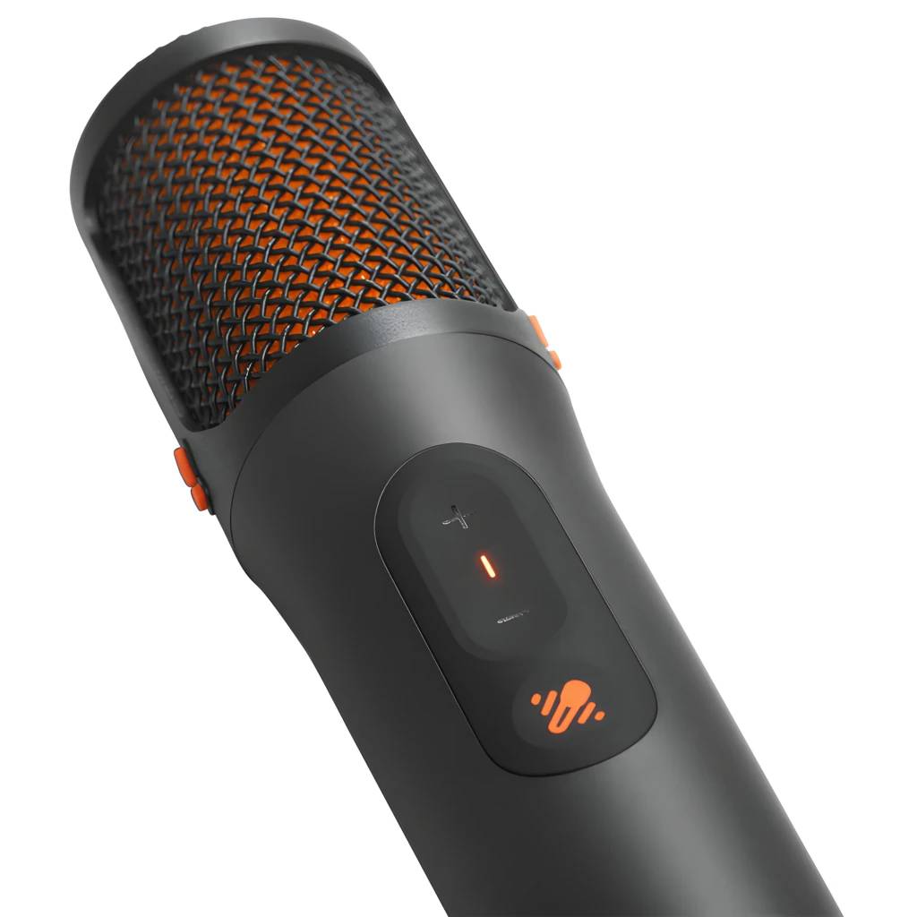 JBL EasySing Mics preto, vista frontal: dois microfones pretos com grade laranja e receptor USB compacto - Item4