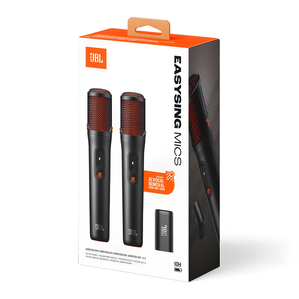 JBL EasySing Mics preto, vista frontal: dois microfones pretos com grade laranja e receptor USB compacto - Item7