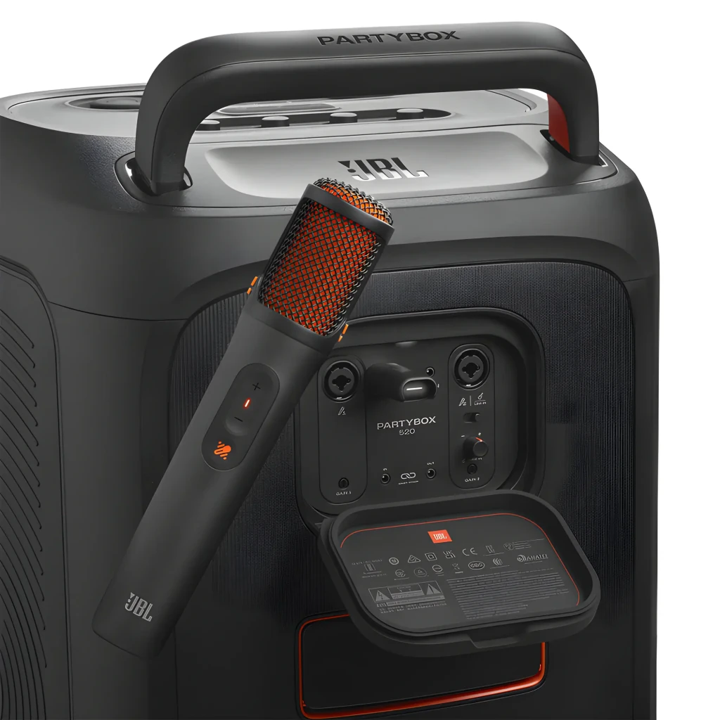 JBL EasySing Mics preto, vista frontal: dois microfones pretos com grade laranja e receptor USB compacto - Item6