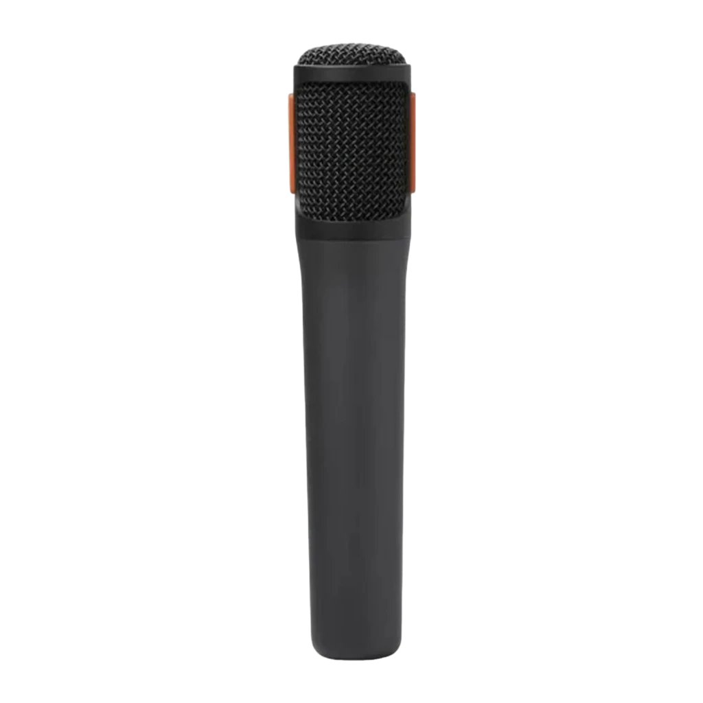 JBL EasySing Mics preto, vista frontal: dois microfones pretos com grade laranja e receptor USB compacto - Item1