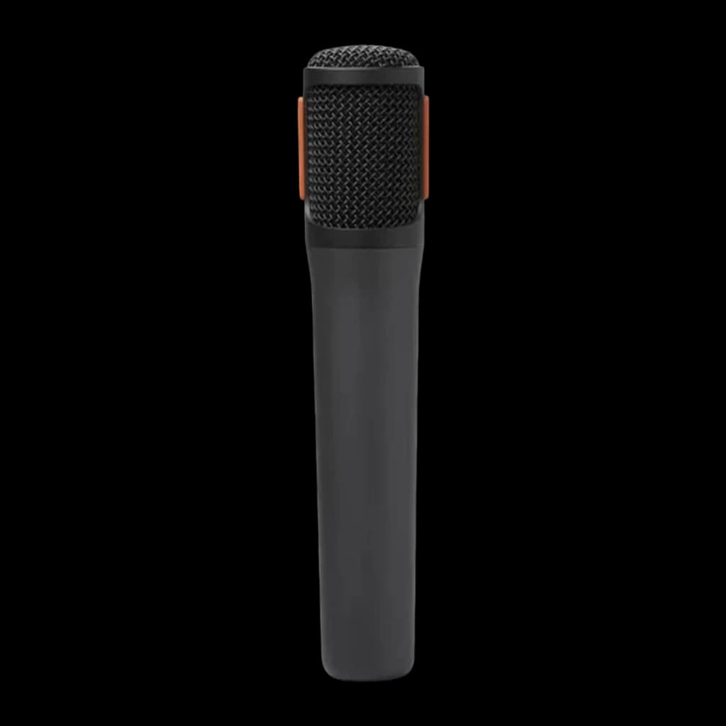 JBL EasySing Mics noir, vue de face: un microphone sans fil noir avec grille métallique et accents orange