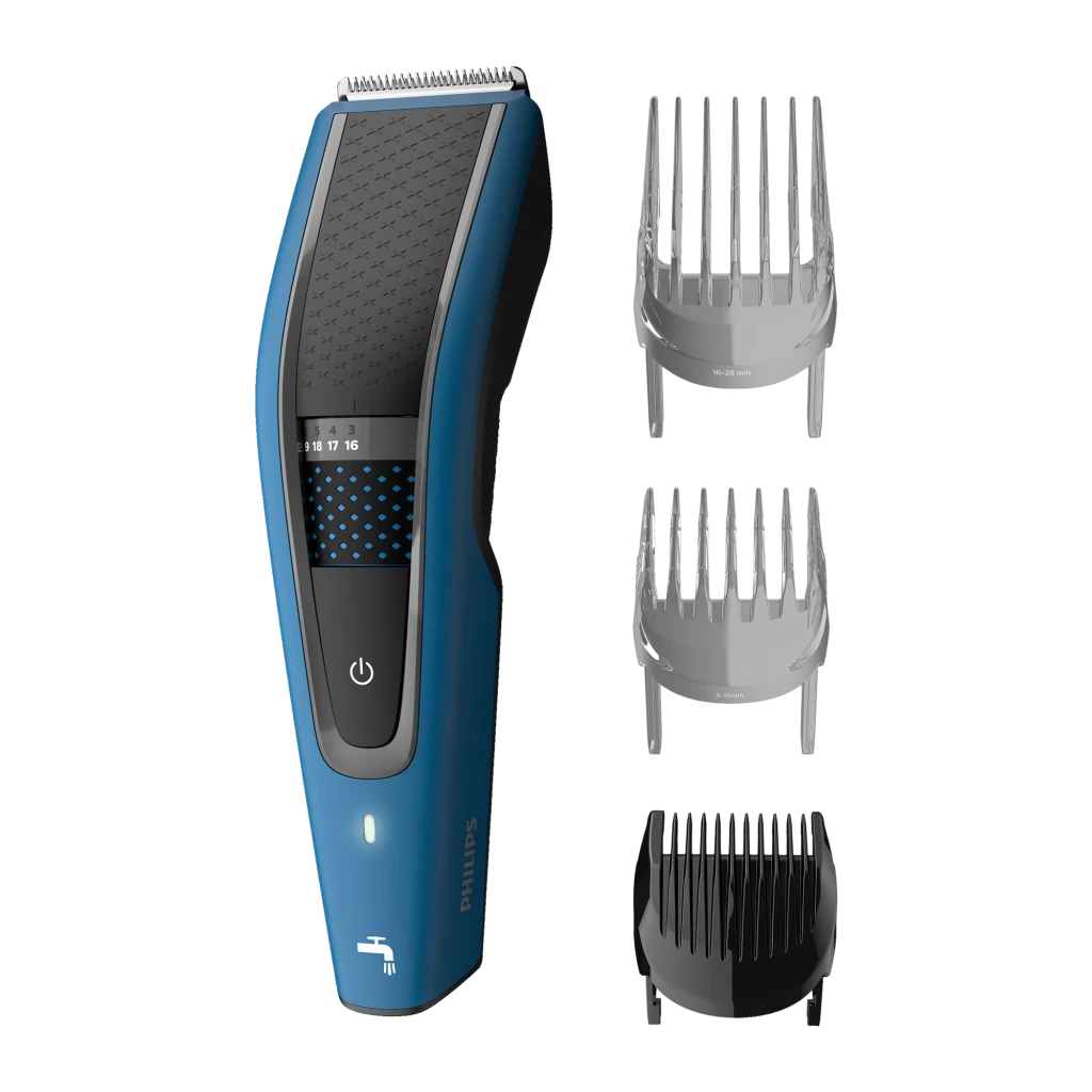Philips Tondeuse Hairclipper Series 5000 HC5612/15 Noir Bleu, vue de face: tondeuse avec 3 sabots de différentes longueurs