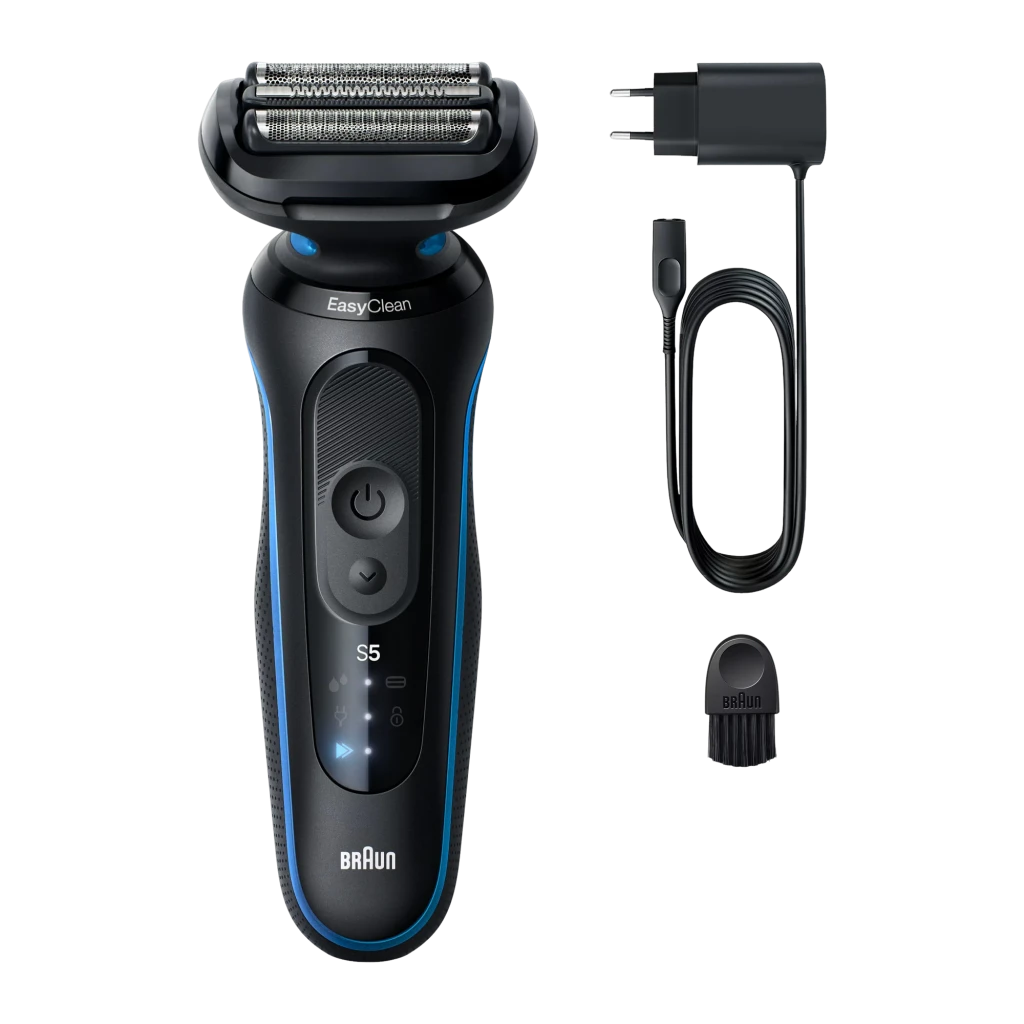Braun Barbeador Series 5 52-B1000s Azul, vista frontal: cabo preto com franja azul, cabeçote EasyClean e visor LED S5 - Item2