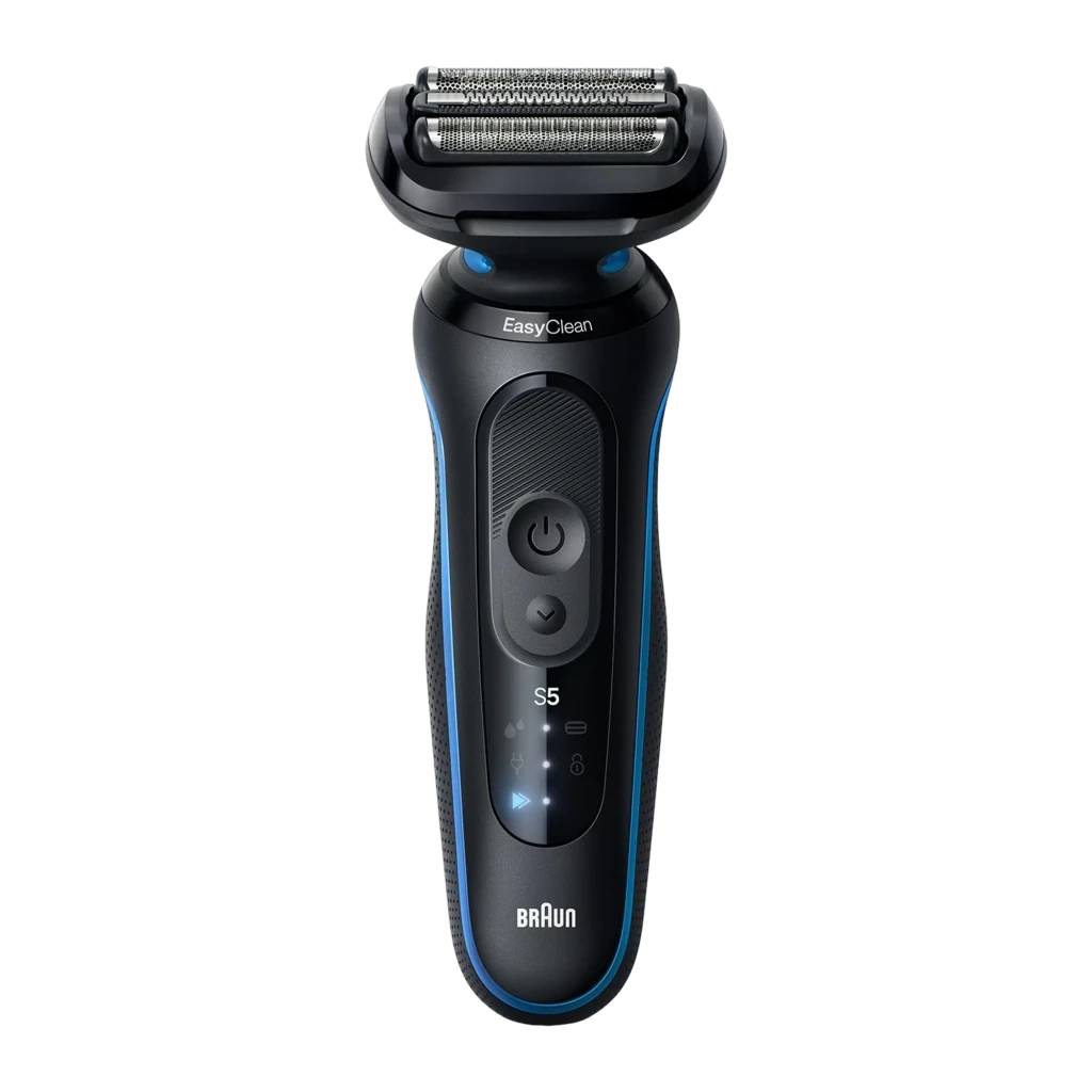 Braun Barbeador Series 5 52-B1000s Azul, vista frontal: cabo preto com franja azul, cabeçote EasyClean e visor LED S5