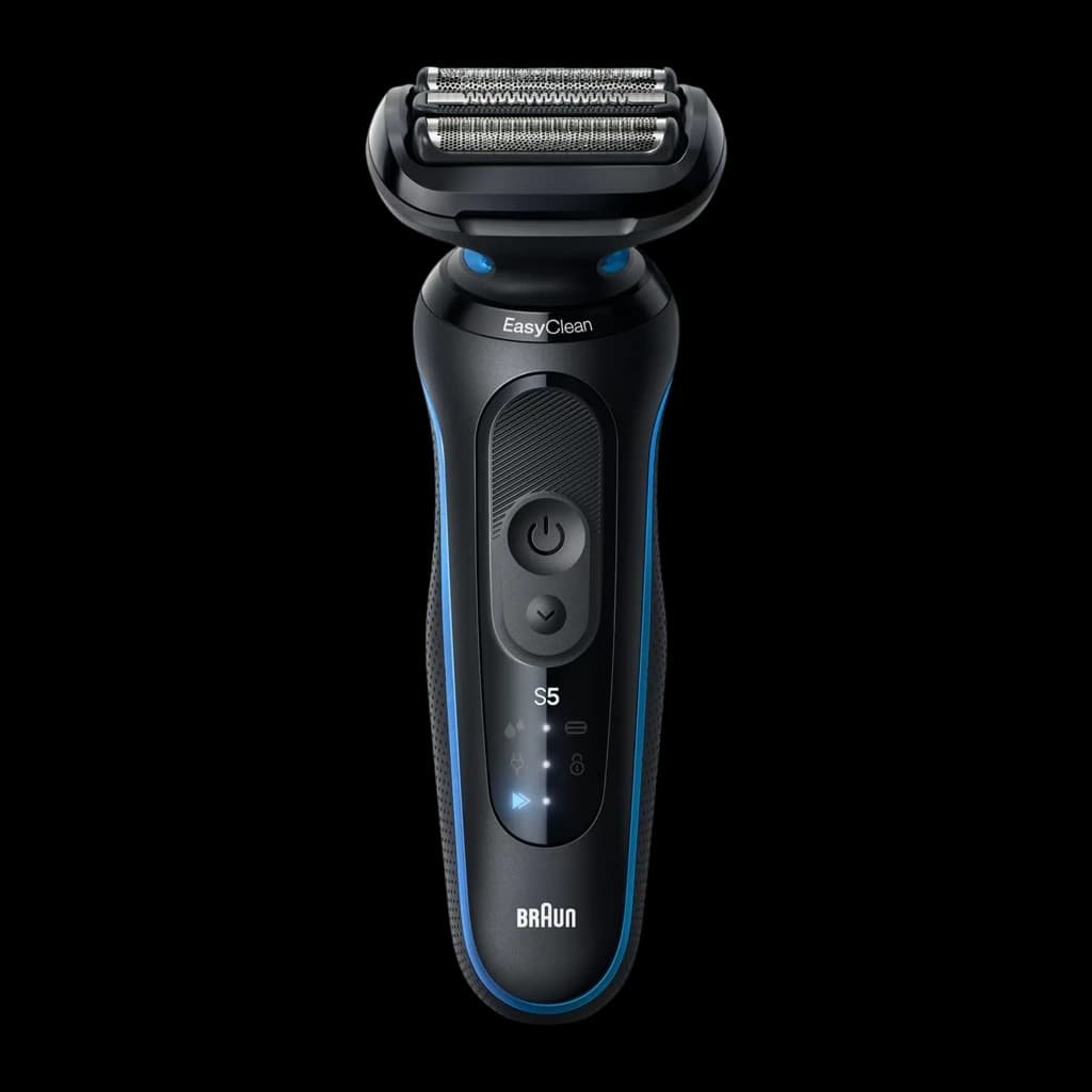 Braun Rasoir Series 5 52-B1000s Bleu, vue de face: poignée noire avec liseré bleu, tête EasyClean et affichage LED S5