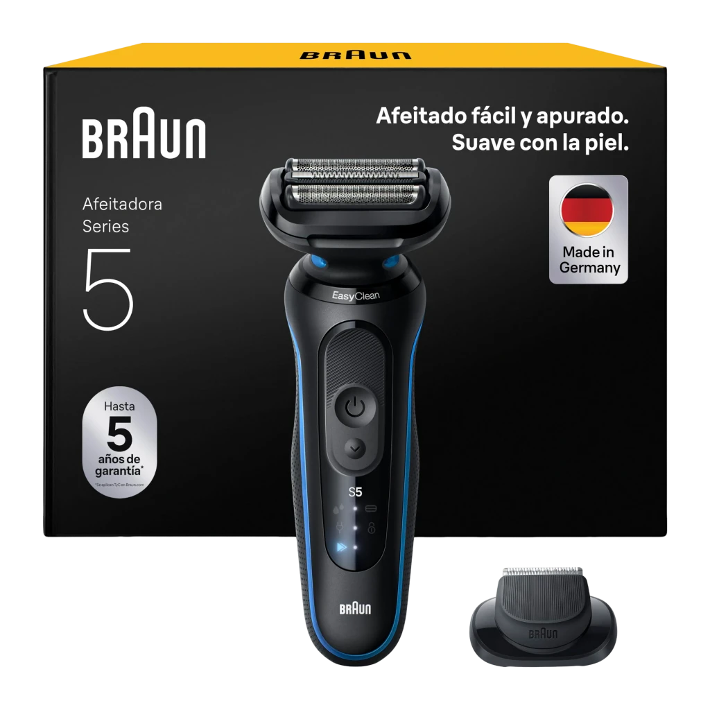 Braun Barbeador Series 5 52-B1000s Azul, vista frontal: cabo preto com franja azul, cabeçote EasyClean e visor LED S5 - Item1