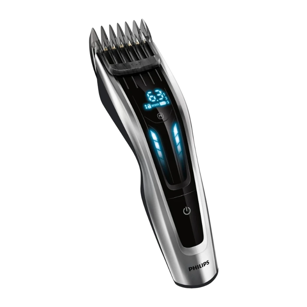 Philips Corta-cabelo HC9450/15 Série 9000 preto, vista frontal: máquina com ecrã LED azul e 3 pentes-guia incluídos - Item2