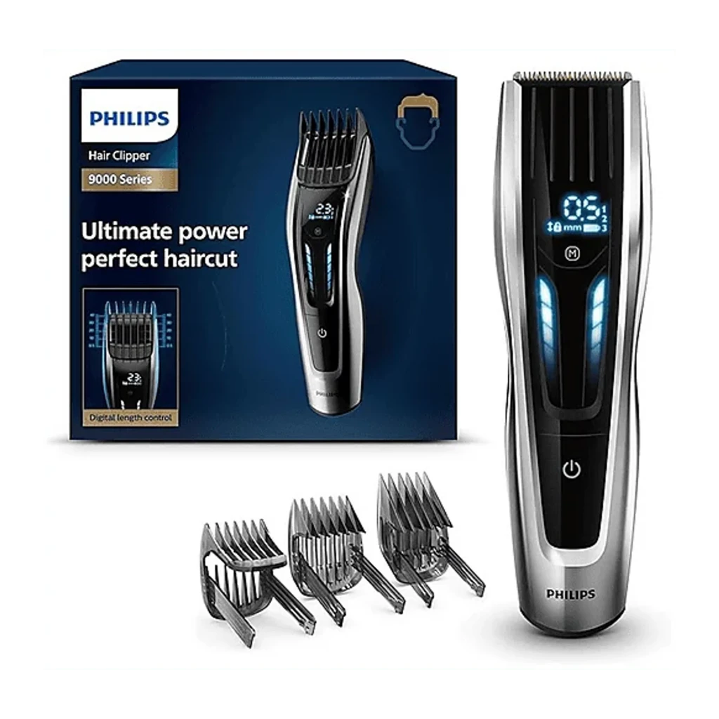 Philips Corta-cabelo HC9450/15 Série 9000 preto, vista frontal: máquina com ecrã LED azul e 3 pentes-guia incluídos - Item3