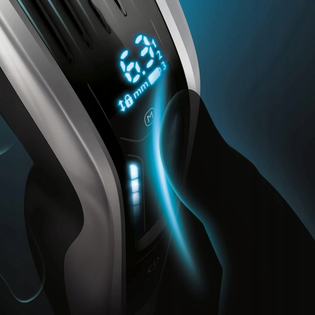 Philips Corta-cabelo HC9450/15 Série 9000 preto, vista frontal: máquina com ecrã LED azul e 3 pentes-guia incluídos - Item4