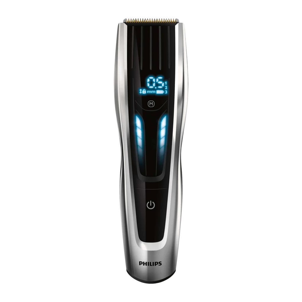 Philips Corta-cabelo HC9450/15 Série 9000 preto, vista frontal: máquina com ecrã LED azul e 3 pentes-guia incluídos - Item1
