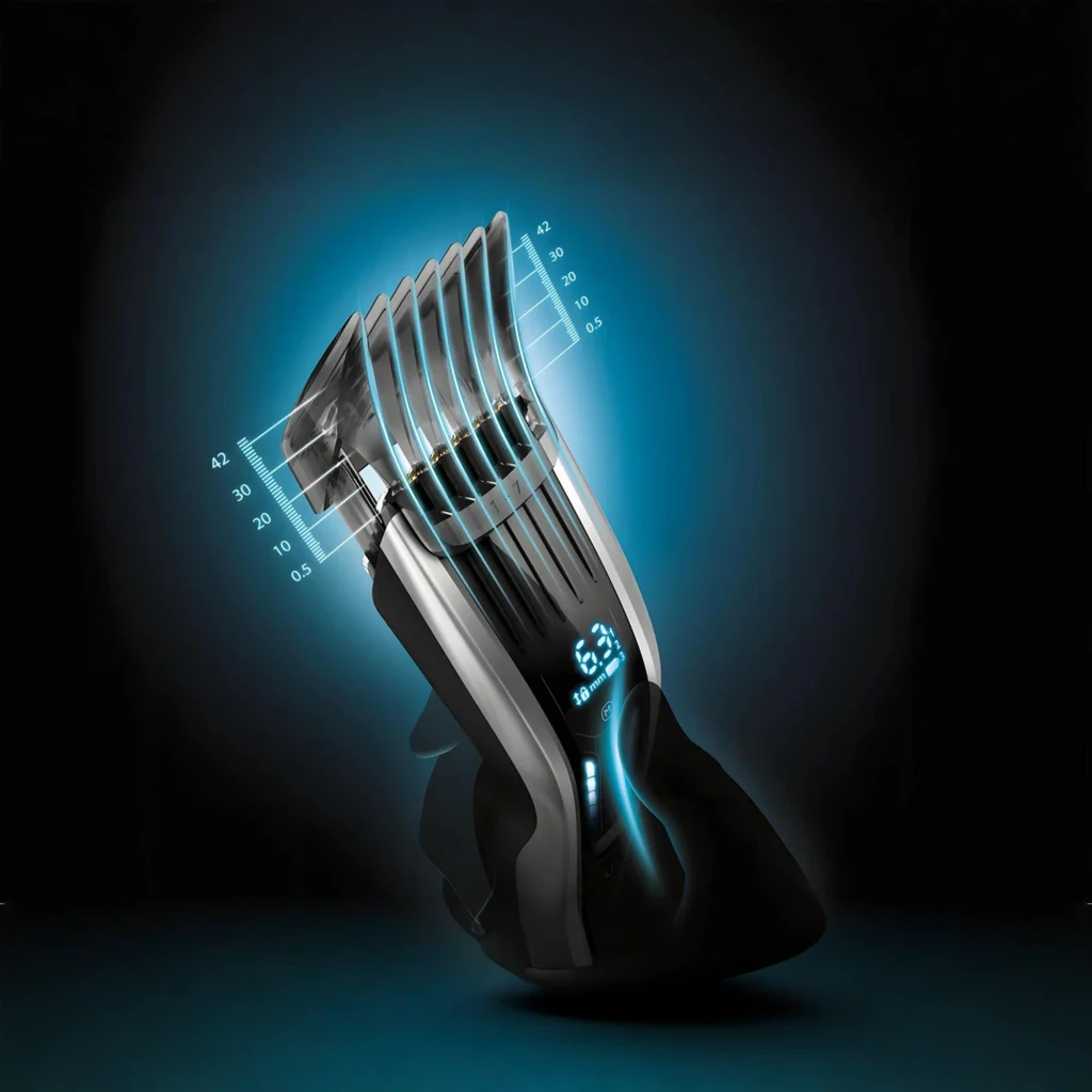 Philips Corta-cabelo HC9450/15 Série 9000 preto, vista frontal: máquina com ecrã LED azul e 3 pentes-guia incluídos - Item5