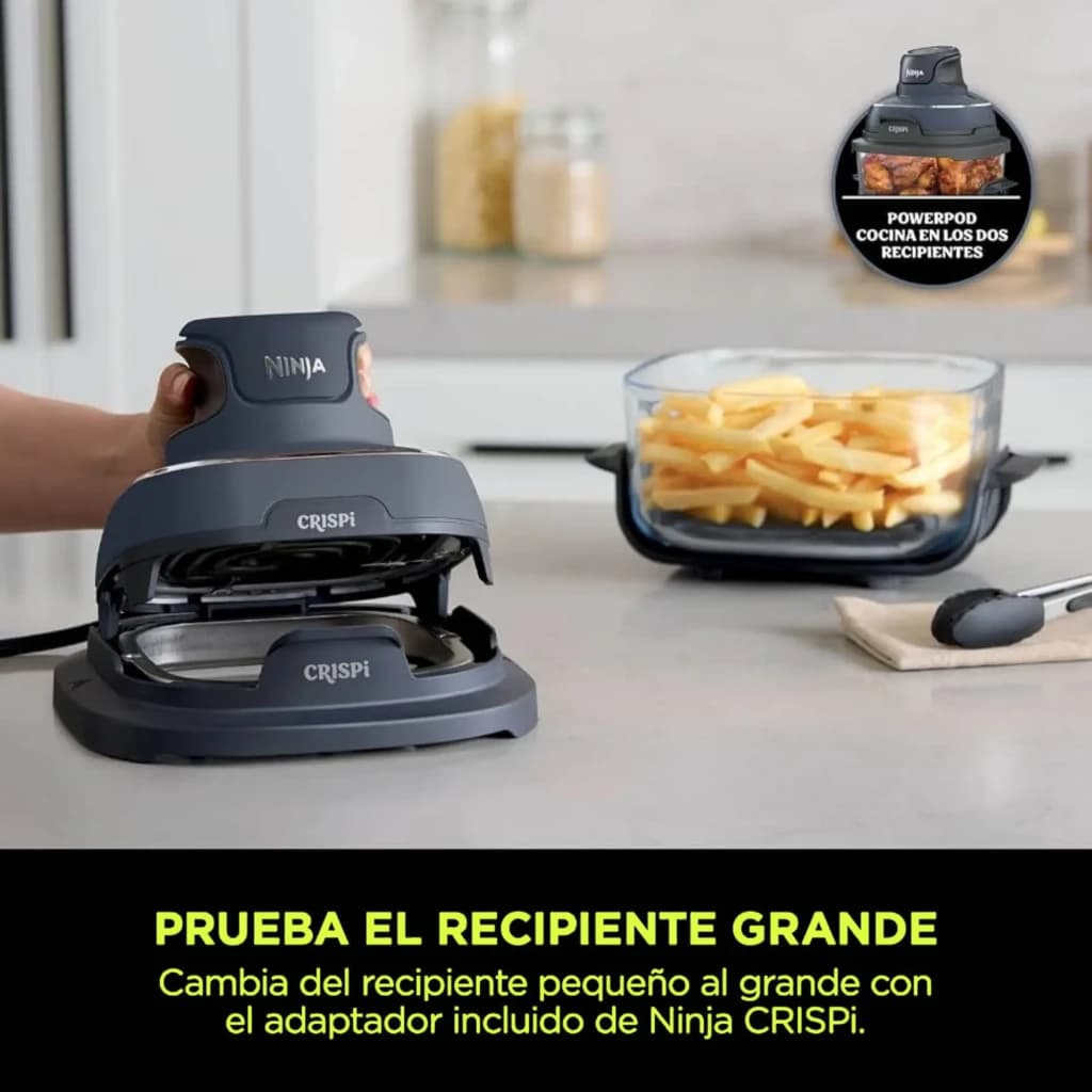 Ninja CRISPi FN101EU 3.8L Azul Gris, detalle: PowerPod extraído de la base junto al recipiente grande transparente con