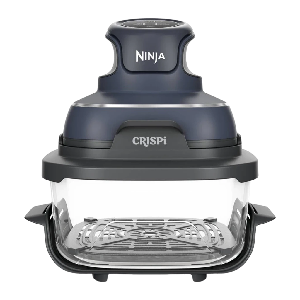 Ninja CRISPi FN101EU 3.8L bleu gris transparent, vue de face: corps entier, bol en verre transparent et grille intérieure