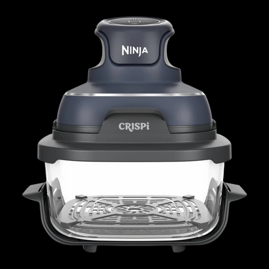Ninja CRISPi FN101EU 3.8L azul gris transparente, vista frontal: cuerpo completo, cuenco de vidrio transparente y rejilla