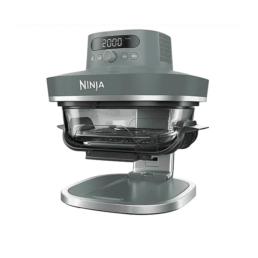 Ninja CRISPi FN101EU 3.8L Bleu Gris, vue de face en angle: panier transparent visible, panneau digital et base argentée