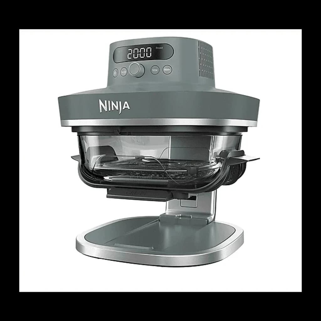 Ninja CRISPi FN101EU 3.8L Azul Gris, vista frontal en ángulo: cesta transparente visible, panel digital y base plateada