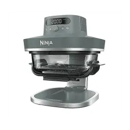 Ninja CRISPi FN101EU 3.8L Azul Gris, vista frontal en ángulo: cesta transparente visible, panel digital y base plateada