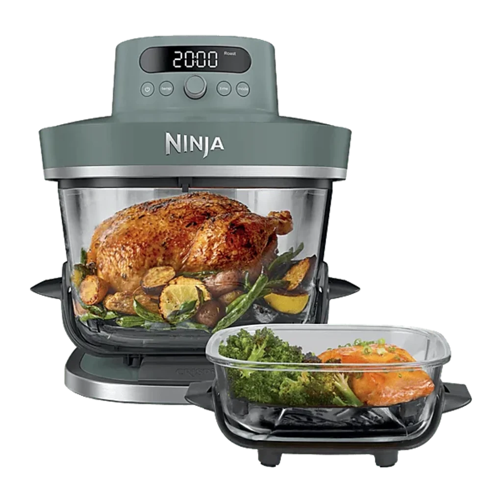 Ninja CRISPi FN101EU 3.8L Bleu Gris, vue de face: friteuse avec bol transparent, poulet rôti à l'intérieur et récipient en