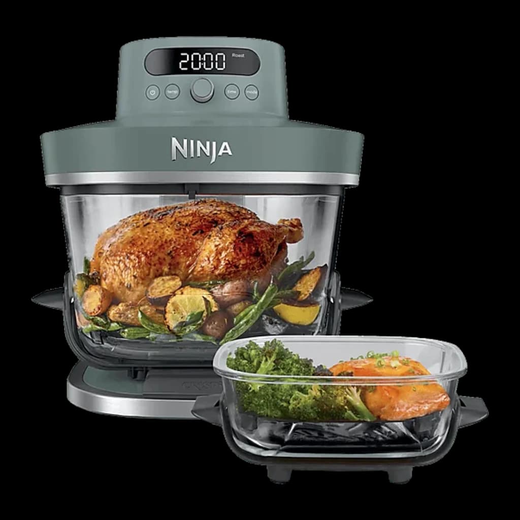 Ninja CRISPi FN101EU 3.8L Azul Gris, vista frontal: freidora con bol transparente, pollo asado dentro y recipiente de vidrio