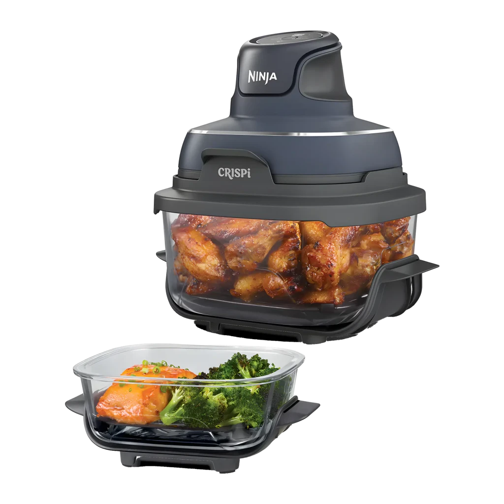 Ninja CRISPi FN101EU 3.8L Gris, vue avant: bol transparent avec ailes de poulet et récipient avec saumon et brocoli