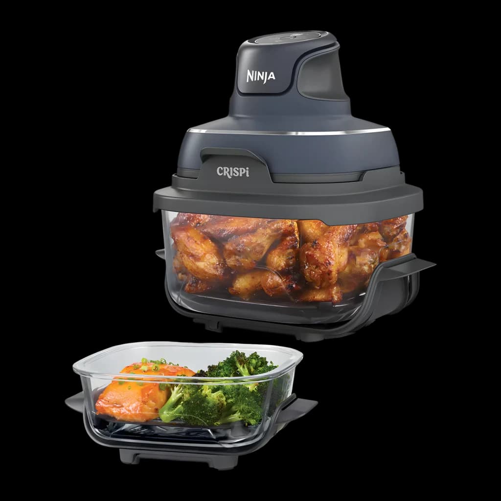 Ninja CRISPi FN101EU 3.8L Gris, vista frontal: cuenco transparente con alitas y recipiente con salmón y brócoli