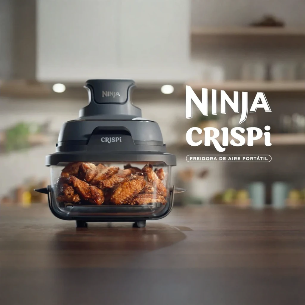 Ninja CRISPi FN101EU 3.8L Bleu Gris Transparent, vue lifestyle: ailes dorées visibles à travers le bol en verre dans une
