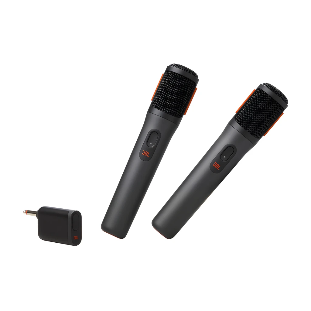 JBL PartyBox Wireless Mic preto, pack completo: dois microfones sem fio e receptor USB com detalhes laranja - Item1